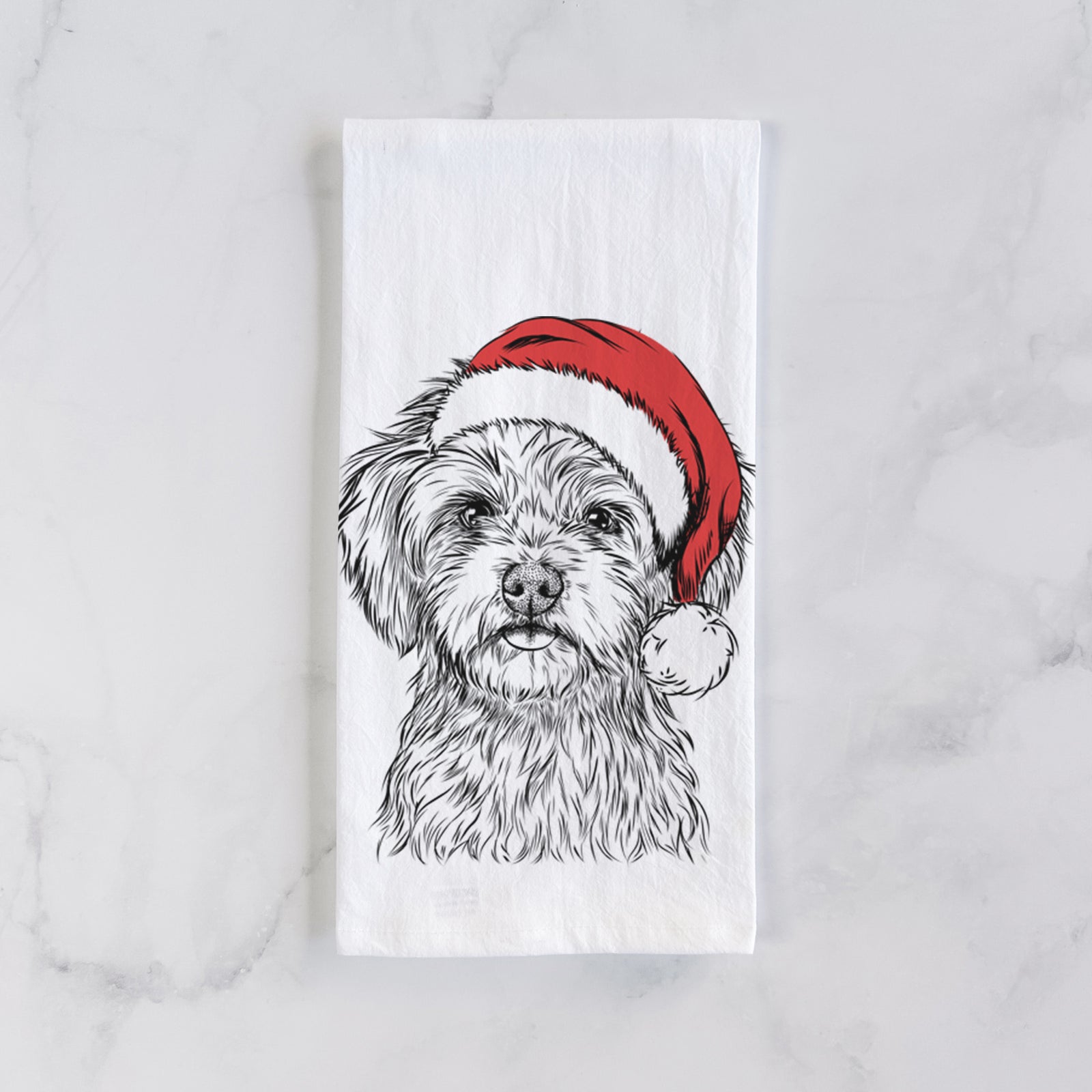 Hand-drawn sketch of Sammy the Shorkie wearing a Santa hat on a tea towel