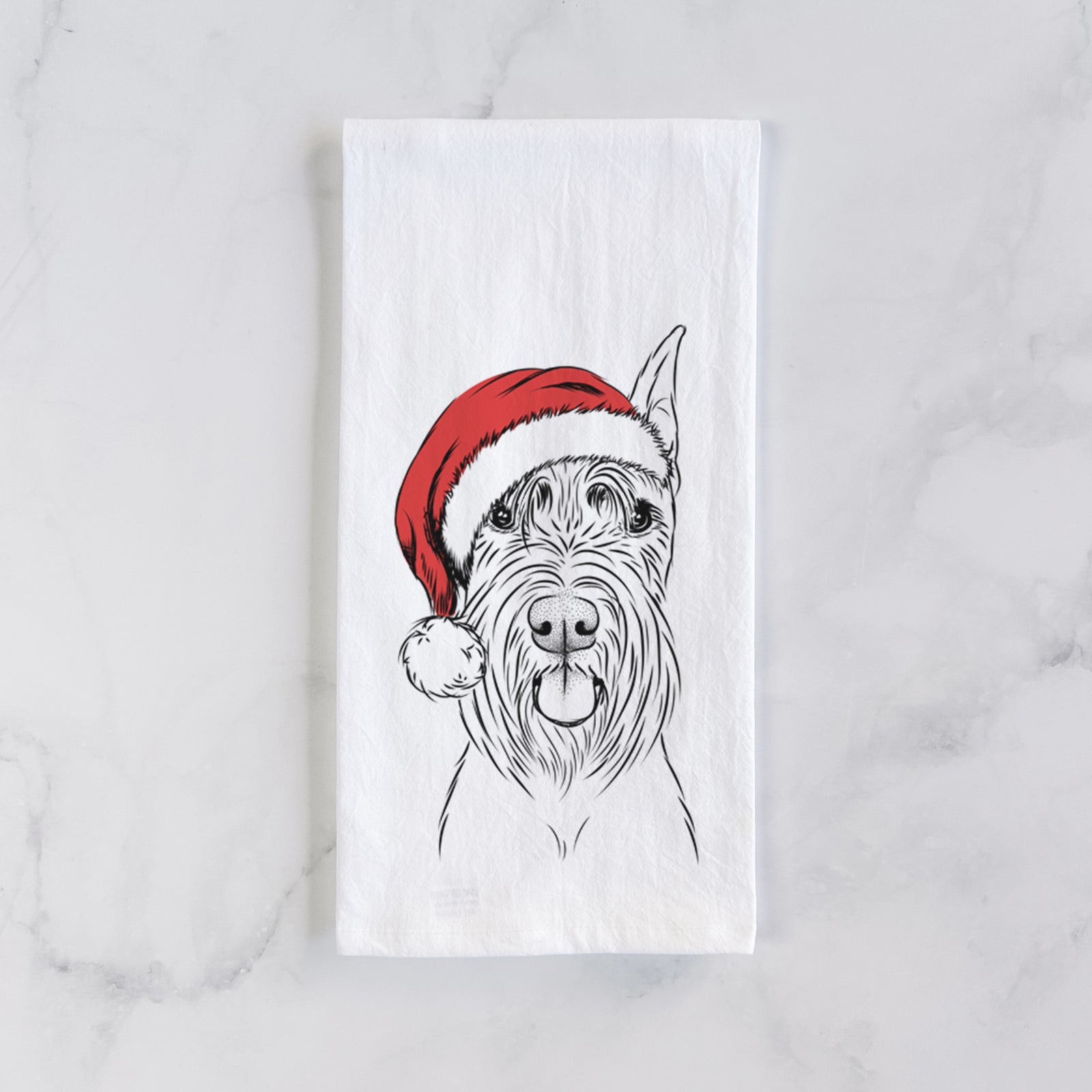 Hand-drawn sketch of Samuel the Standard Schnauzer wearing a Santa hat on a tea towel