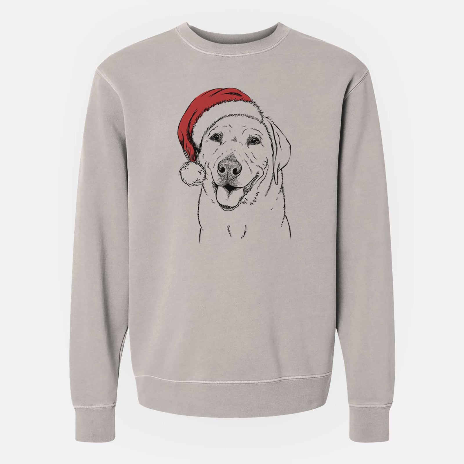 Hand-drawn sketch of Sanford the Labrador Retriever wearing a Santa hat on a Cement Unisex pigment dyed crew sweatshirt