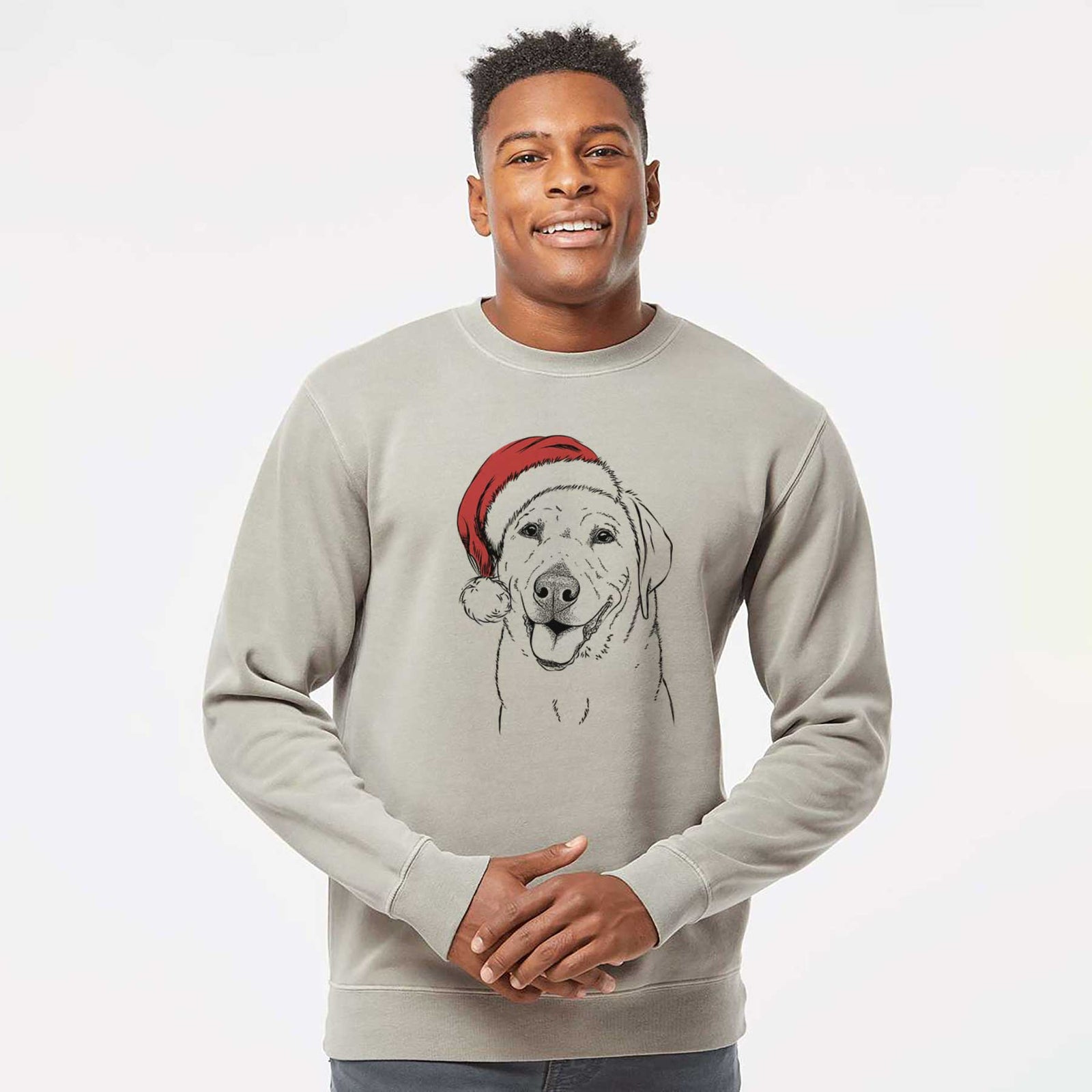 Hand-drawn sketch of Sanford the Labrador Retriever wearing a Santa hat on a Cement Unisex pigment dyed crew sweatshirt