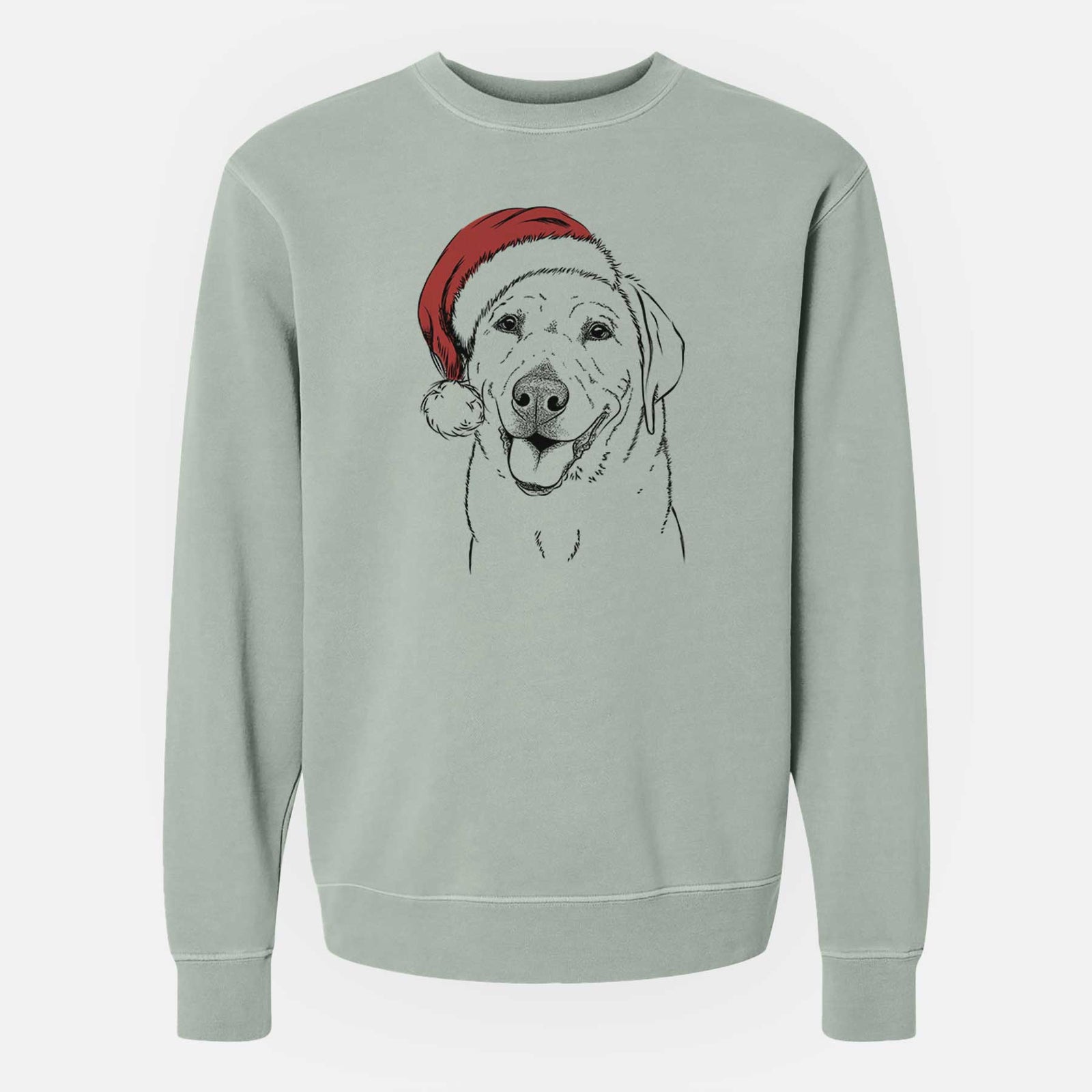 Hand-drawn sketch of Sanford the Labrador Retriever wearing a Santa hat on a Sage Unisex pigment dyed crew sweatshirt