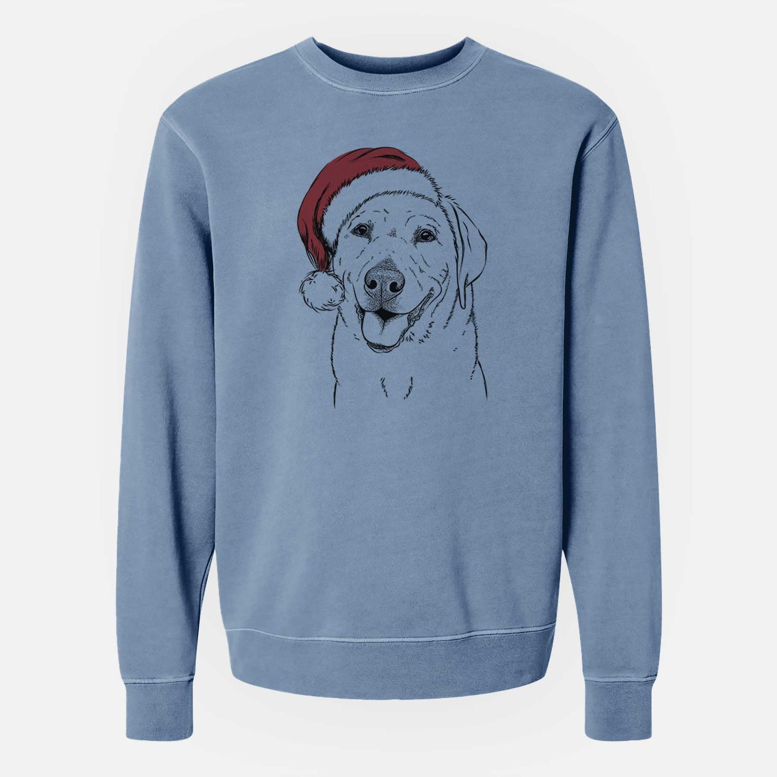 Hand-drawn sketch of Sanford the Labrador Retriever wearing a Santa hat on a Slate Blue Unisex pigment dyed crew sweatshirt