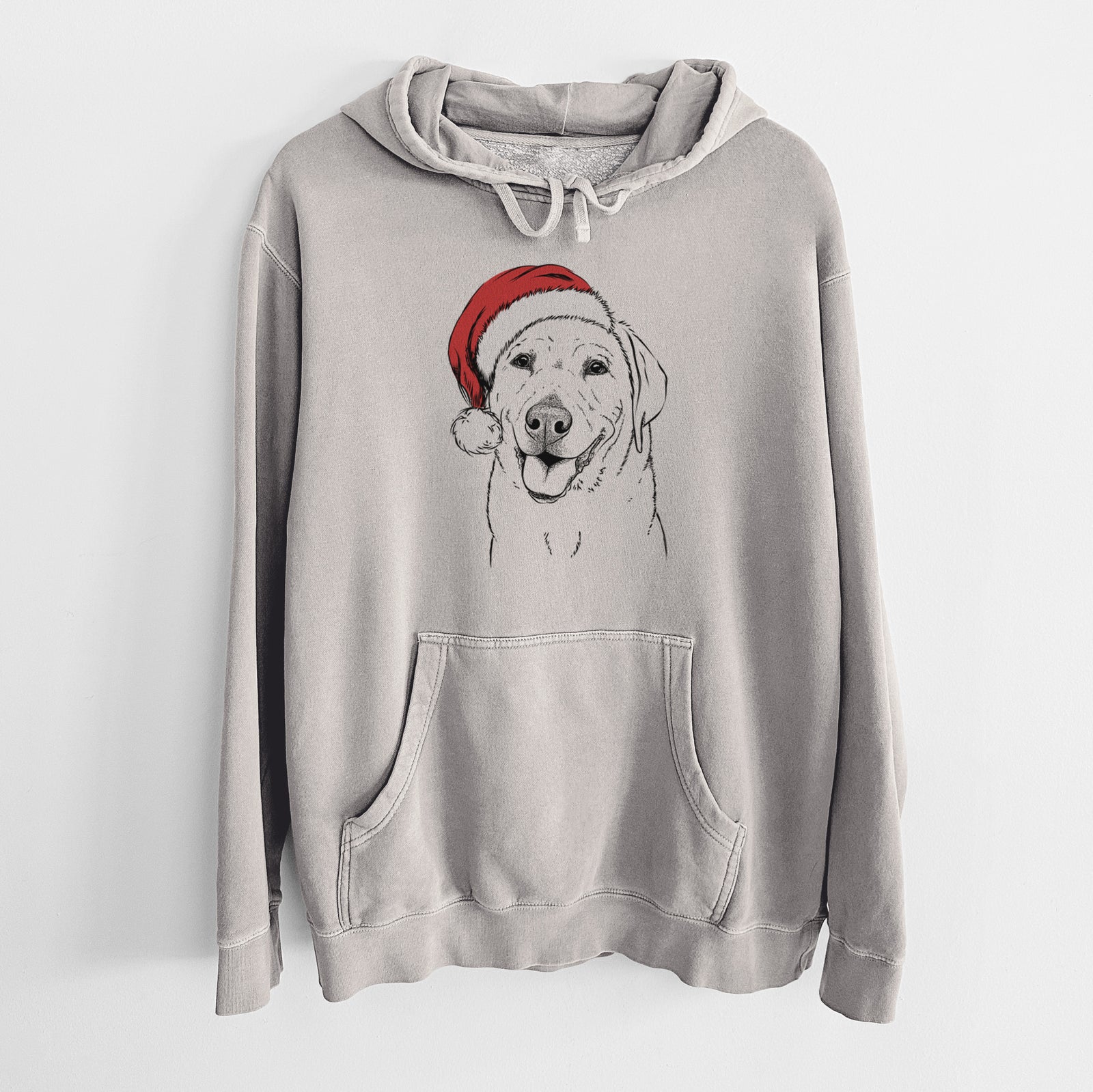Hand-drawn sketch of Sanford the Labrador Retriever wearing a Santa hat on a Cement Unisex pigment dyed hoodie