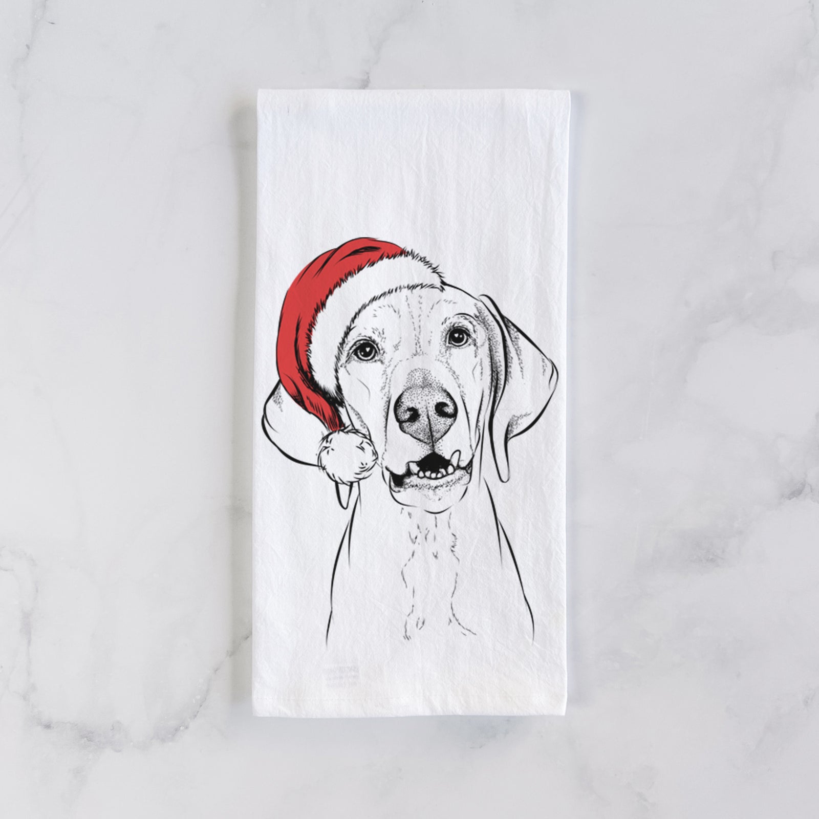 Hand-drawn sketch of Sarge the Vizsla wearing a Santa hat on a tea towel