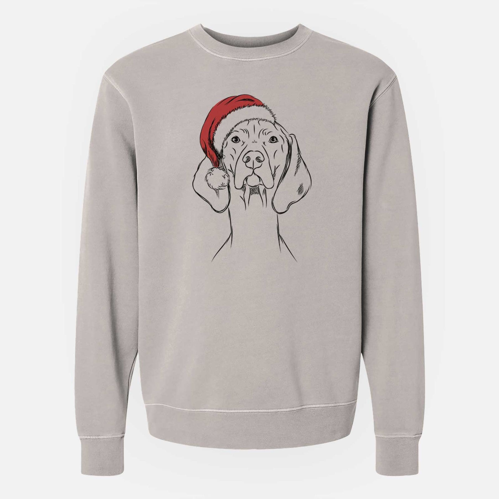 Hand-drawn sketch of Sawyer the Vizsla wearing a Santa hat on a Cement Unisex pigment dyed crew sweatshirt