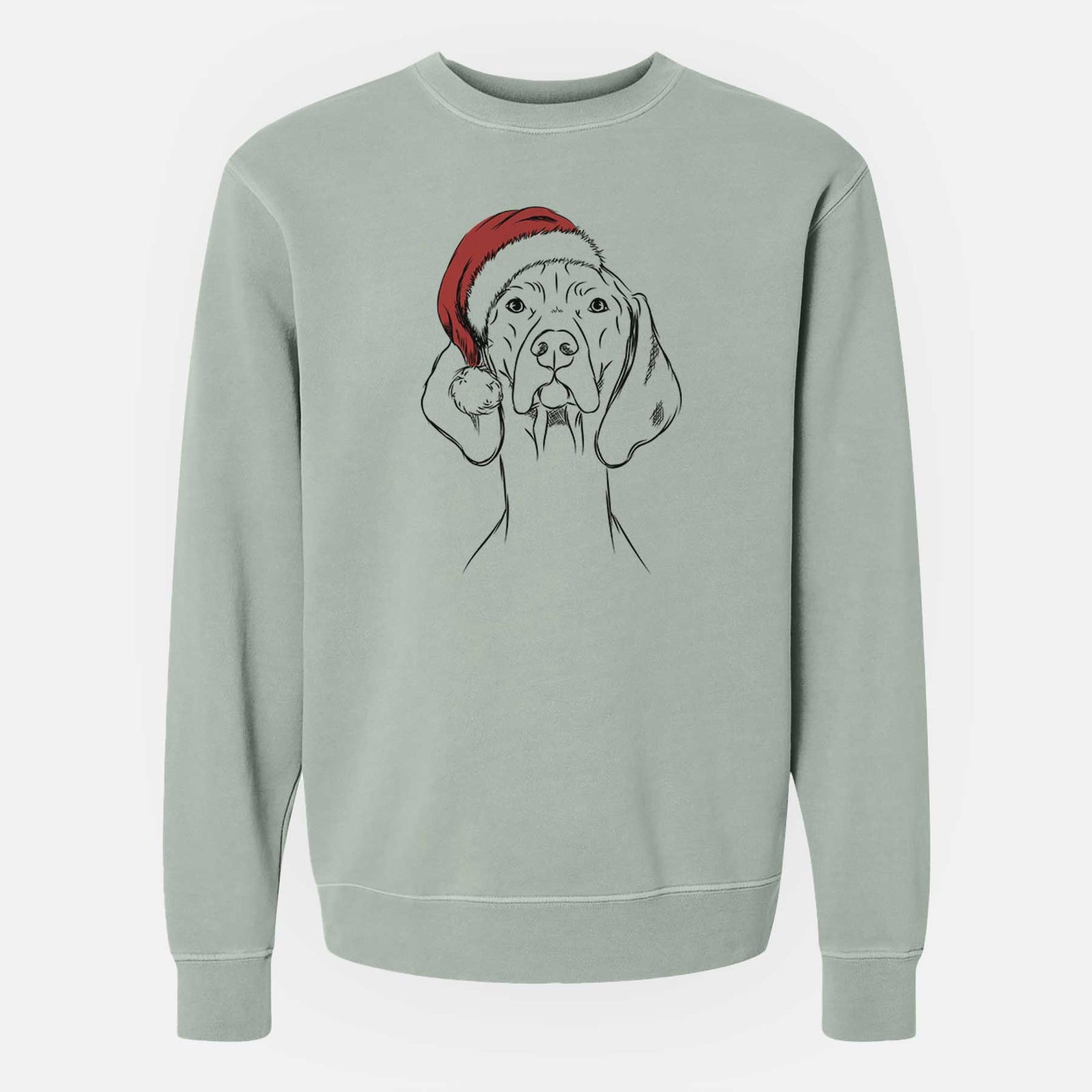 Hand-drawn sketch of Sawyer the Vizsla wearing a Santa hat on a Sage Unisex pigment dyed crew sweatshirt