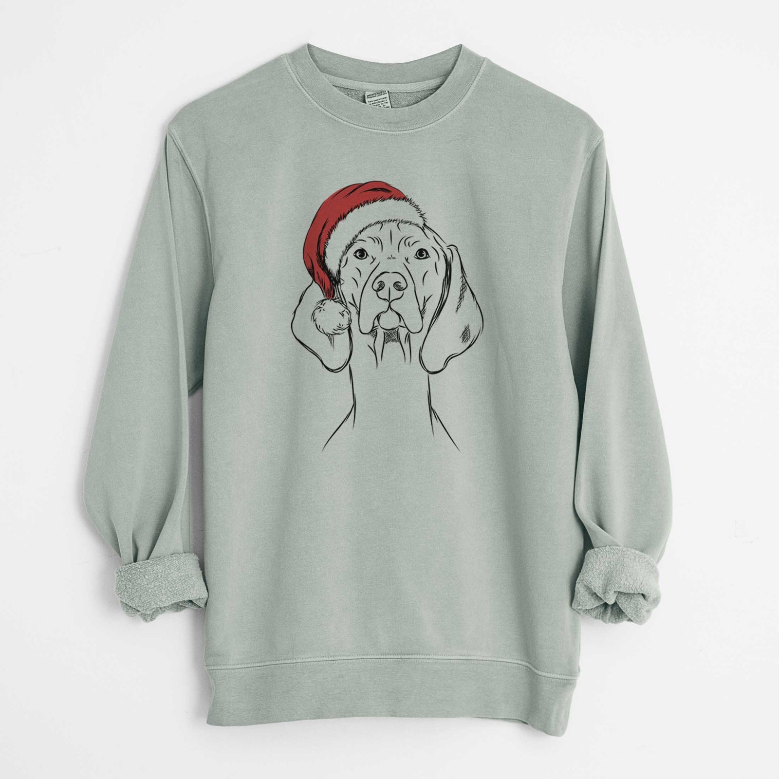 Hand-drawn sketch of Sawyer the Vizsla wearing a Santa hat on a Sage Unisex pigment dyed crew sweatshirt