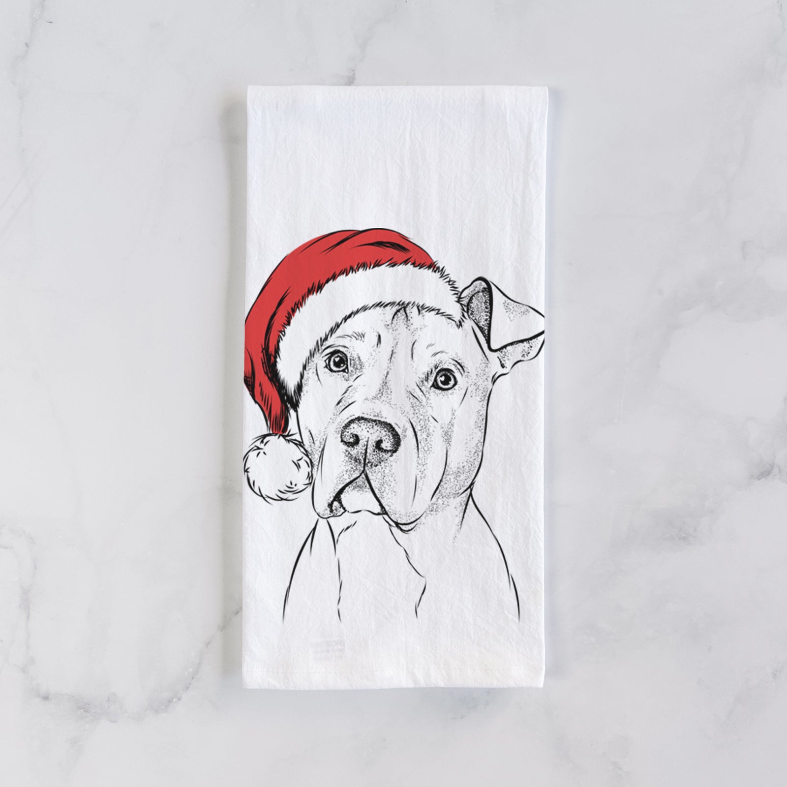 Hand-drawn sketch of Scraps the American Staffordshire Mix wearing a Santa hat on a tea towel