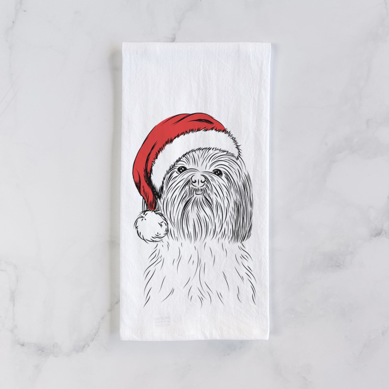 Hand-drawn sketch of Scully the Shih Tzu wearing a Santa hat on a tea towel
