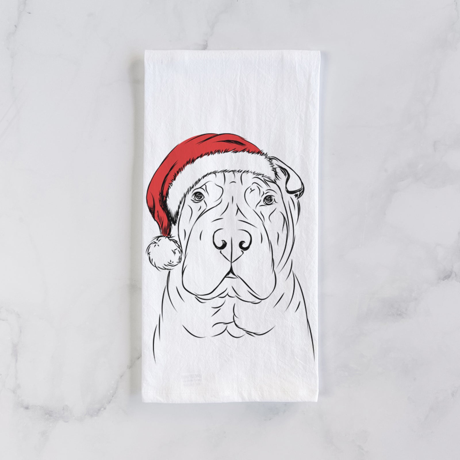 Hand-drawn sketch of Sharpy the Shar Pei wearing a Santa hat on a tea towel