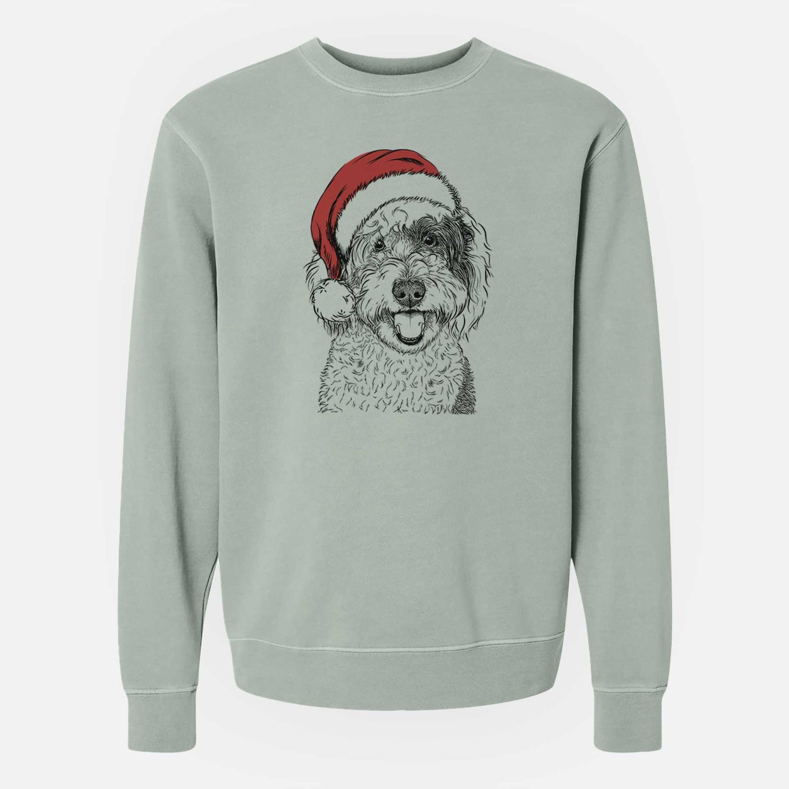 Hand-drawn sketch of Sherlock the Sheepadoodle wearing a Santa hat on a Sage Unisex pigment dyed crew sweatshirt