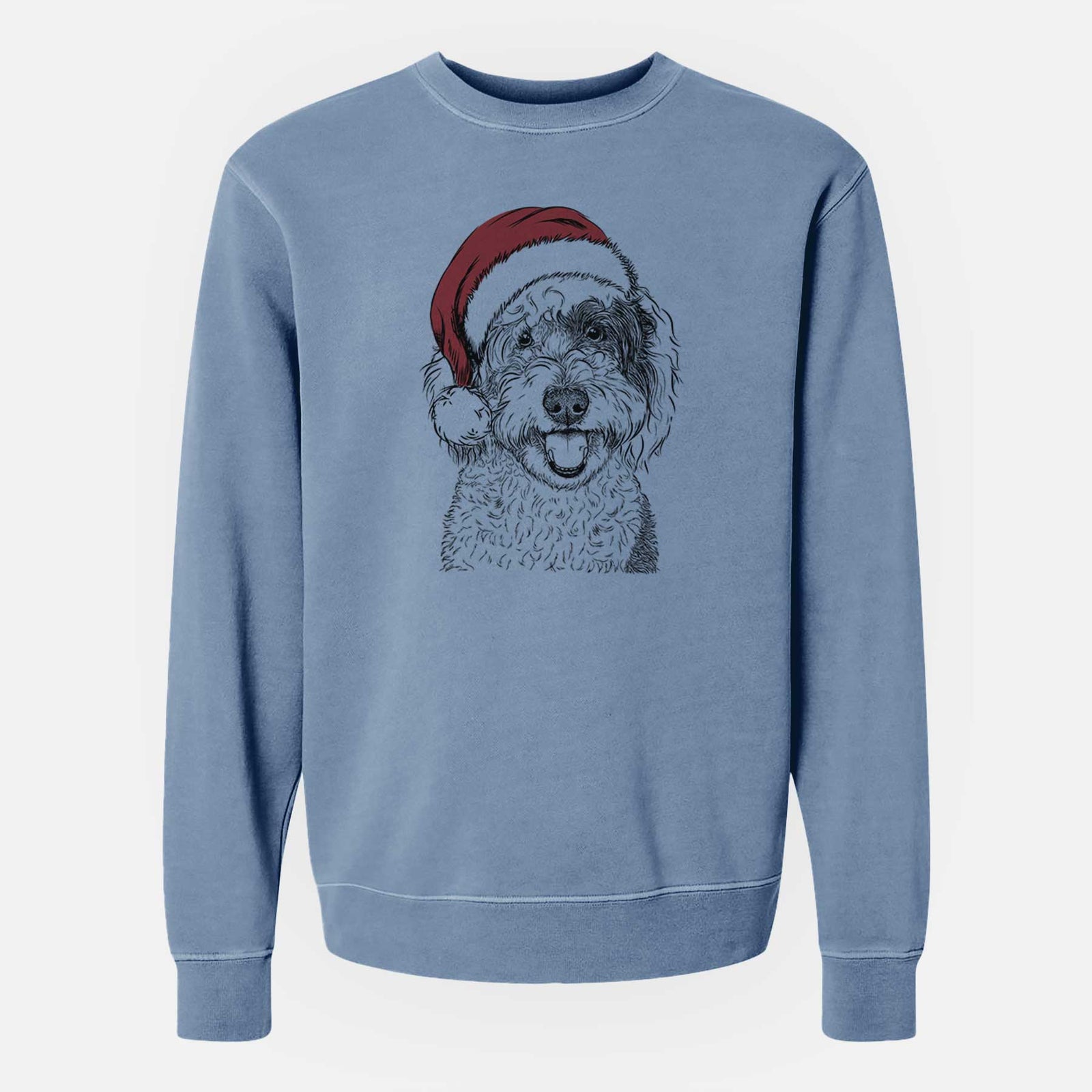 Hand-drawn sketch of Sherlock the Sheepadoodle wearing a Santa hat on a Slate Blue Unisex pigment dyed crew sweatshirt