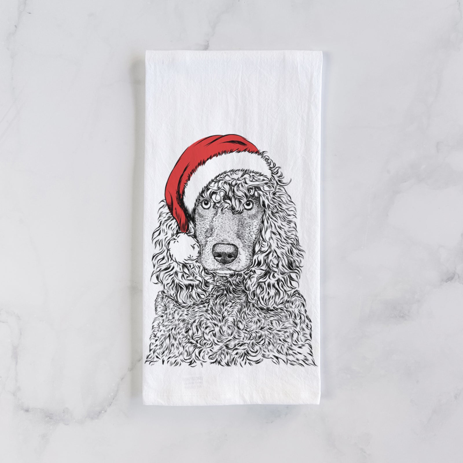 Hand-drawn sketch of Shilo the Irish Water Spaniel wearing a Santa hat on a tea towel