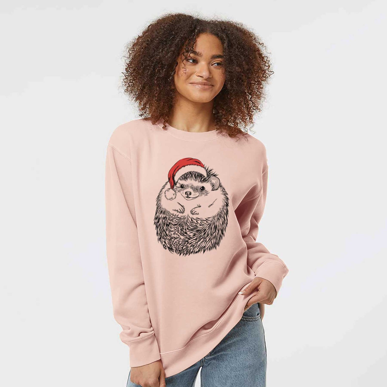 Hand-drawn sketch of Sid the Hedgehog wearing a Santa hat on a Dusty Pink Unisex pigment dyed crew sweatshirt