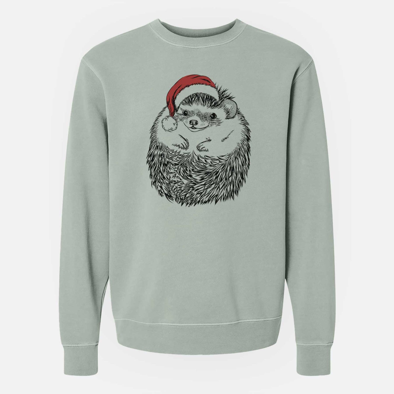 Hand-drawn sketch of Sid the Hedgehog wearing a Santa hat on a Sage Unisex pigment dyed crew sweatshirt