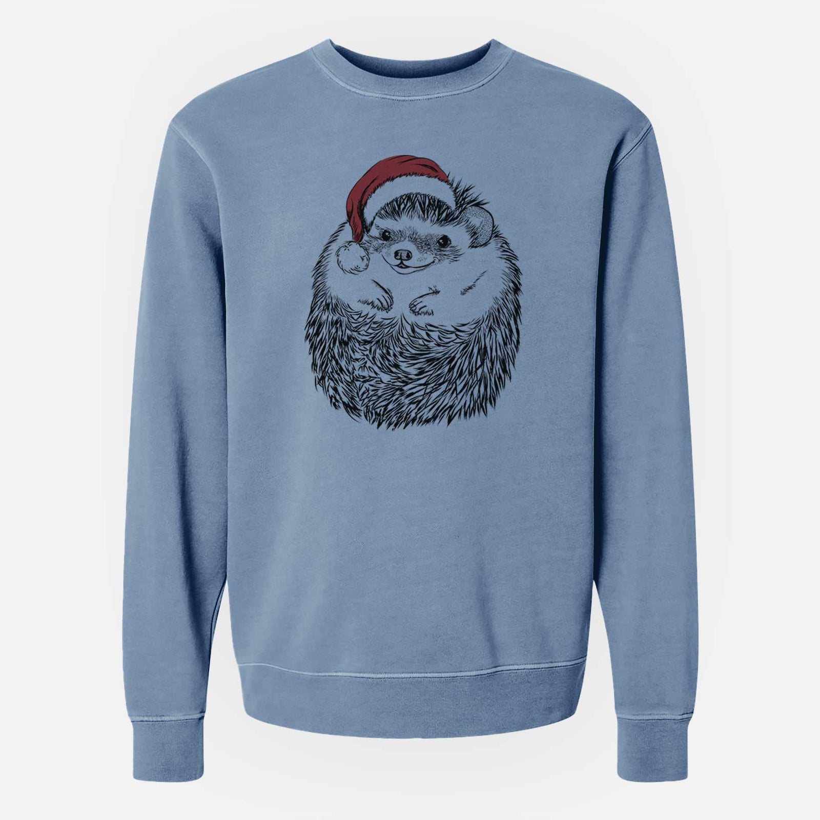 Hand-drawn sketch of Sid the Hedgehog wearing a Santa hat on a Slate Blue Unisex pigment dyed crew sweatshirt