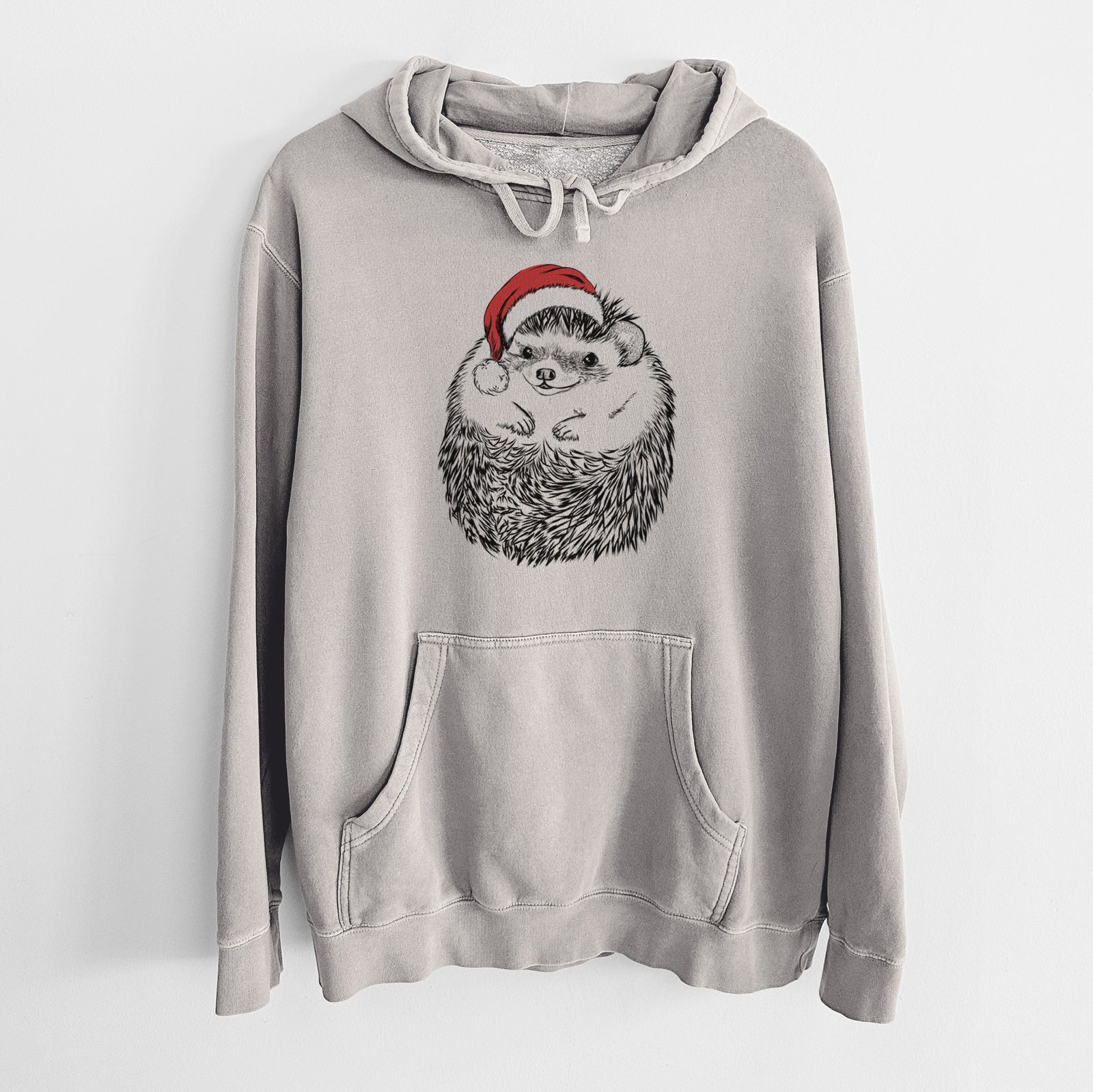 Hand-drawn sketch of Sid the Hedgehog wearing a Santa hat on a Cement Unisex pigment dyed hoodie