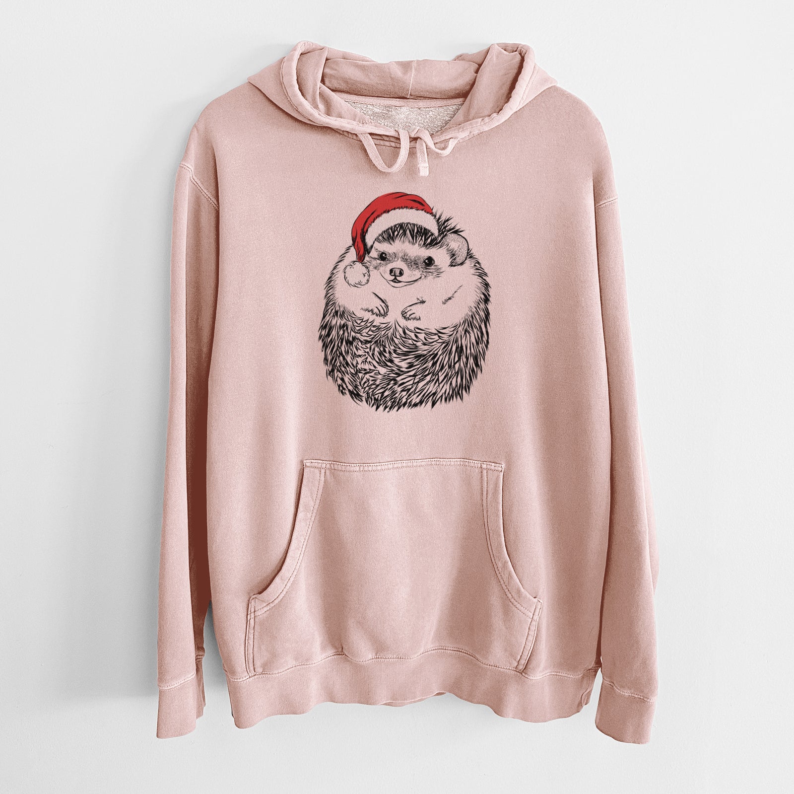 Hand-drawn sketch of Sid the Hedgehog wearing a Santa hat on a Dusty Pink Unisex pigment dyed hoodie