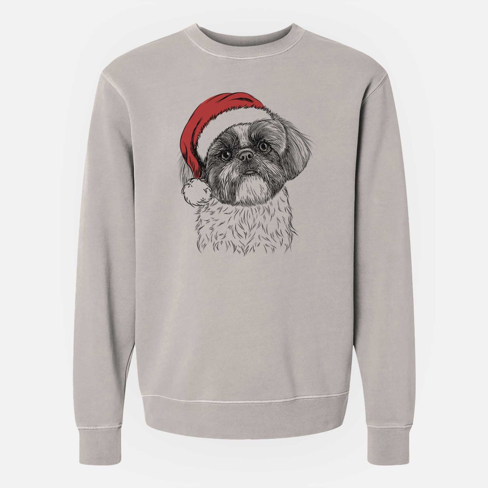 Hand-drawn sketch of Simon the Shih Tzu wearing a Santa hat on a Cement Unisex pigment dyed crew sweatshirt