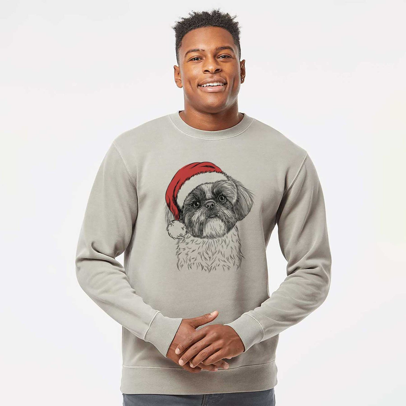 Hand-drawn sketch of Simon the Shih Tzu wearing a Santa hat on a Cement Unisex pigment dyed crew sweatshirt