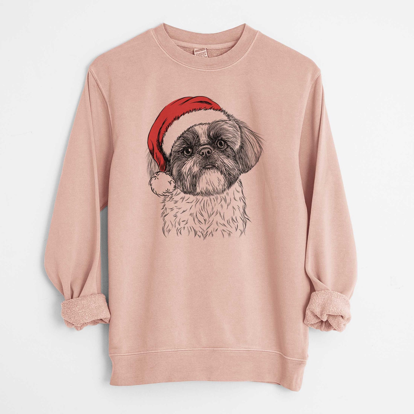 Hand-drawn sketch of Simon the Shih Tzu wearing a Santa hat on a Dusty Pink Unisex pigment dyed crew sweatshirt