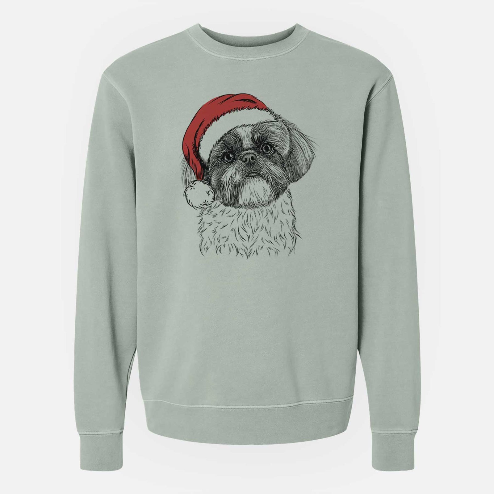 Hand-drawn sketch of Simon the Shih Tzu wearing a Santa hat on a Sage Unisex pigment dyed crew sweatshirt