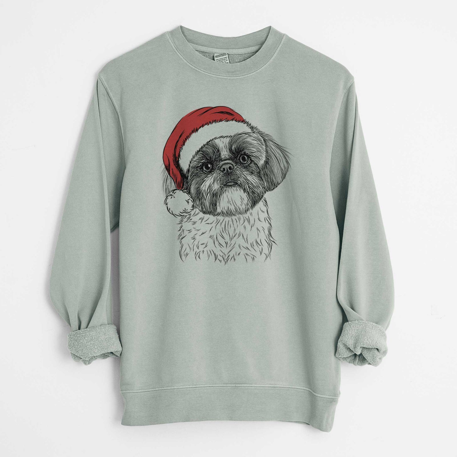 Hand-drawn sketch of Simon the Shih Tzu wearing a Santa hat on a Sage Unisex pigment dyed crew sweatshirt