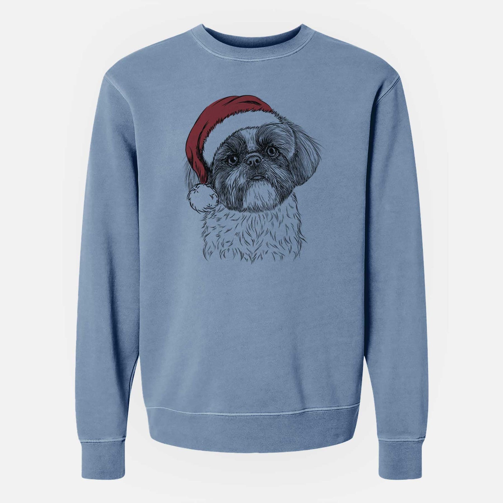 Hand-drawn sketch of Simon the Shih Tzu wearing a Santa hat on a Slate Blue Unisex pigment dyed crew sweatshirt