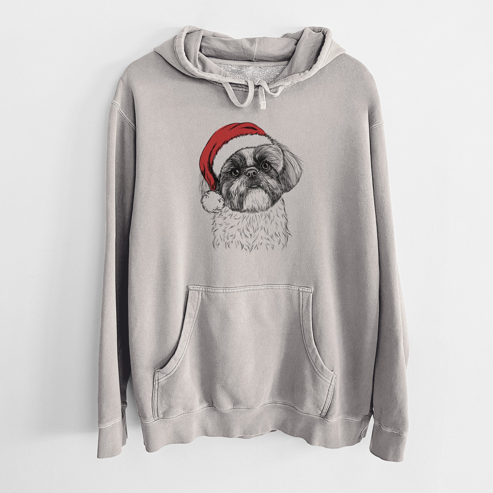 Hand-drawn sketch of Simon the Shih Tzu wearing a Santa hat on a Cement Unisex pigment dyed hoodie
