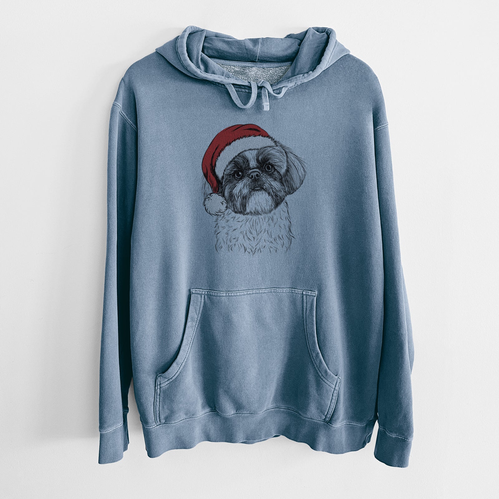 Hand-drawn sketch of Simon the Shih Tzu wearing a Santa hat on a Slate Blue Unisex pigment dyed hoodie