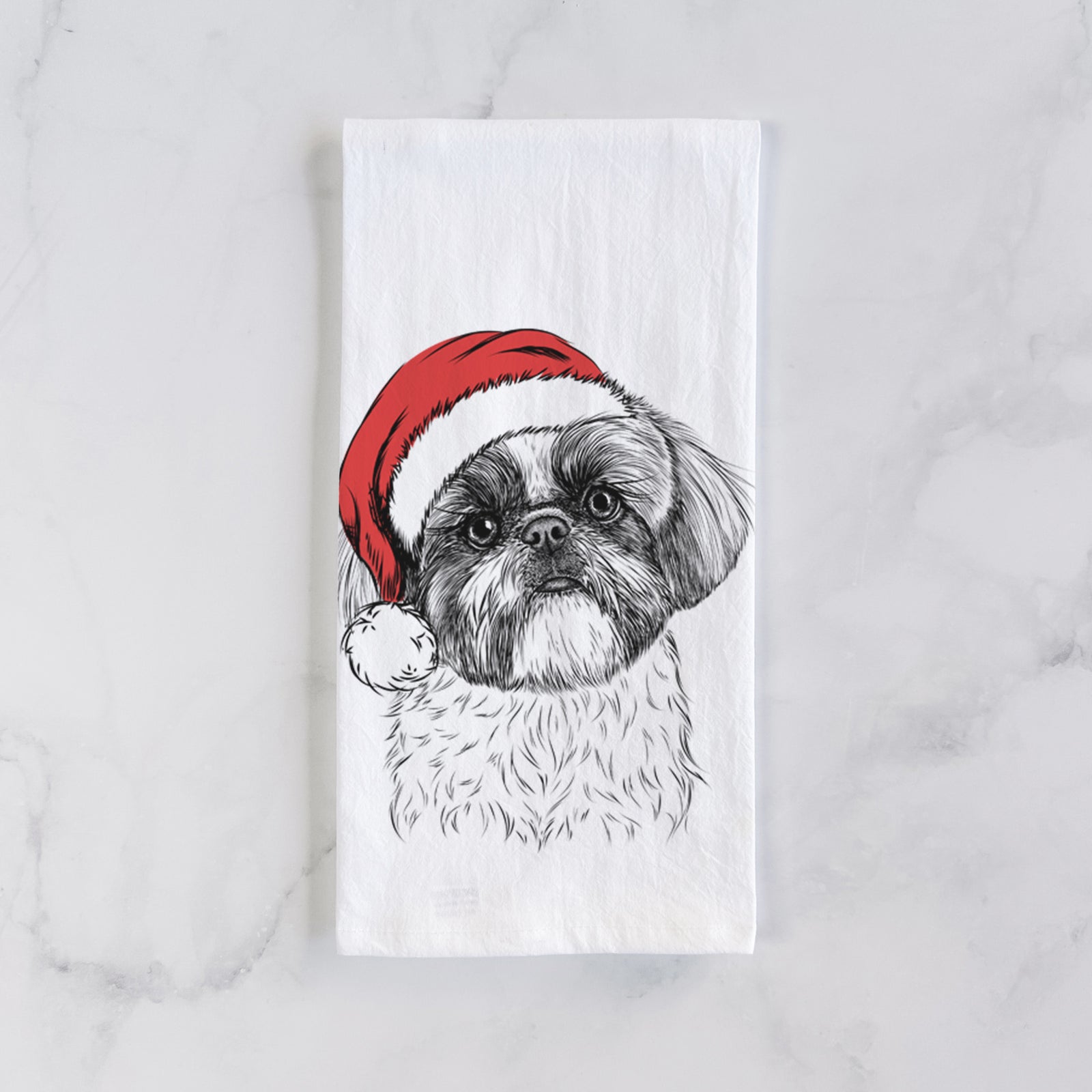 Hand-drawn sketch of Simon the Shih Tzu wearing a Santa hat on a tea towel