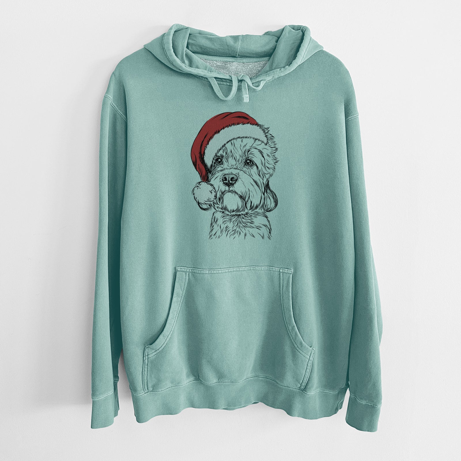 Hand-drawn sketch of Sir Walter the Dandie Dinmont Terrier wearing a Santa hat on a Mint Unisex pigment dyed hoodie