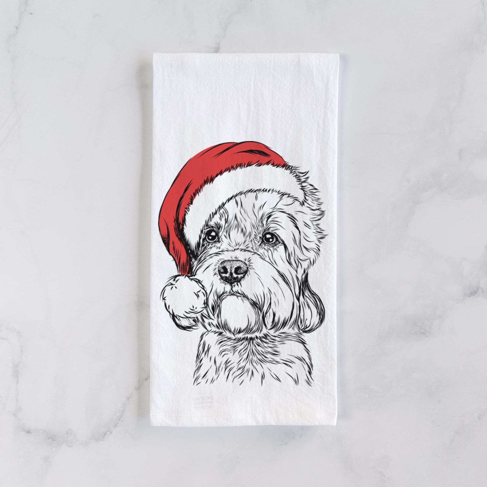Hand-drawn sketch of Sir Walter the Dandie Dinmont Terrier wearing a Santa hat on a tea towel