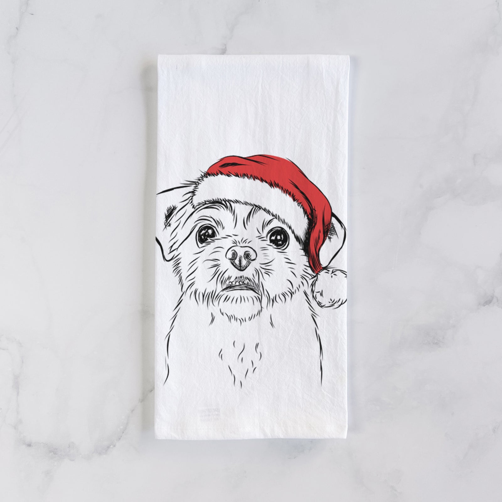 Hand-drawn sketch of Smash the Shih Tzu wearing a Santa hat on a tea towel
