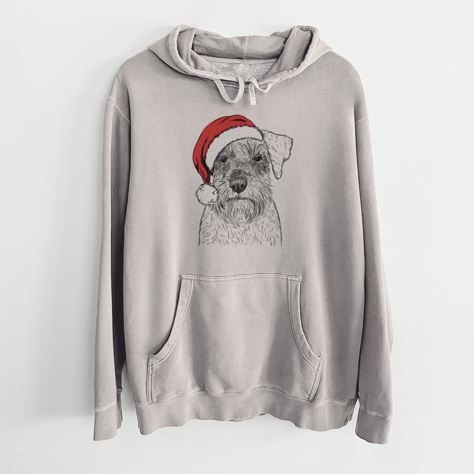 Hand-drawn sketch of Smokey the Miniature Schnauzer wearing a Santa hat on a Cement Unisex pigment dyed hoodie