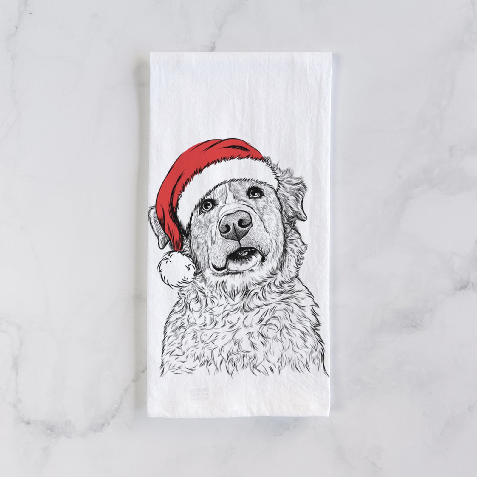 Hand-drawn sketch of Smokey Jam the Middle Eastern Village Dog wearing a Santa hat on a tea towel