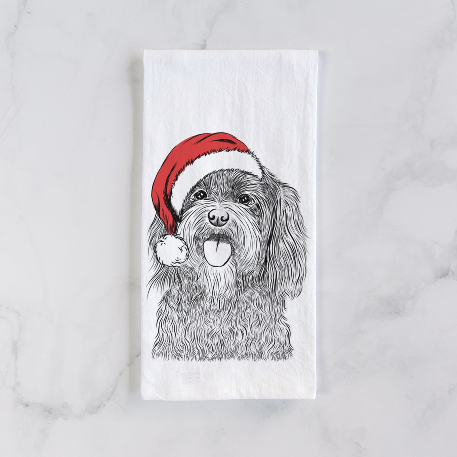 Hand-drawn sketch of Sophie the Havanese wearing a Santa hat on a tea towel