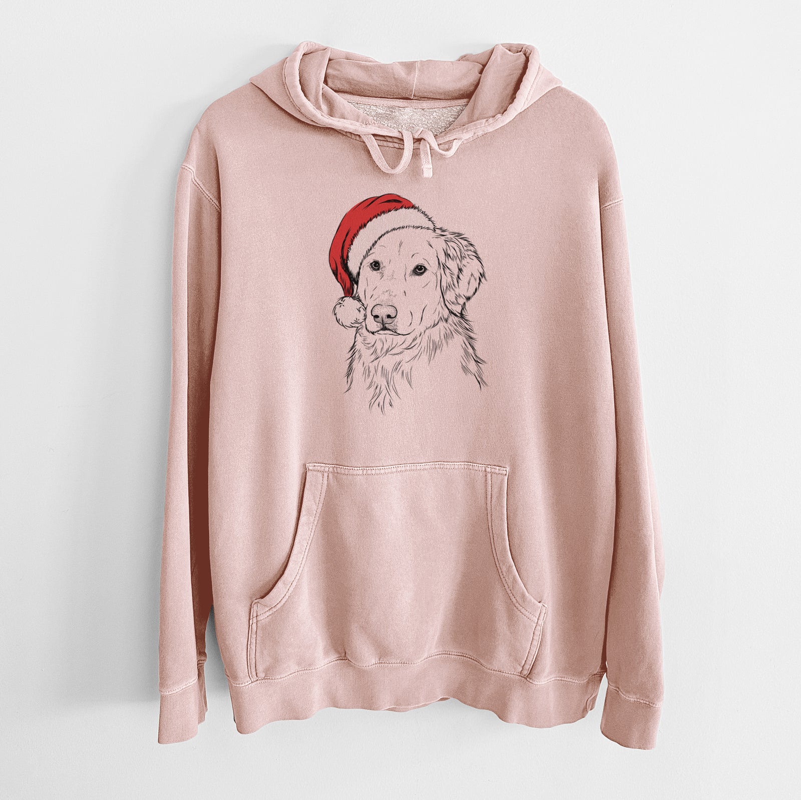 Hand-drawn sketch of Spencer the Golden Retriever wearing a Santa hat on a Dusty Pink Unisex pigment dyed hoodie