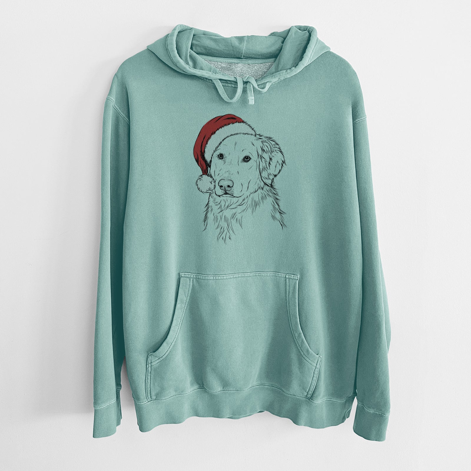 Hand-drawn sketch of Spencer the Golden Retriever wearing a Santa hat on a Mint Unisex pigment dyed hoodie