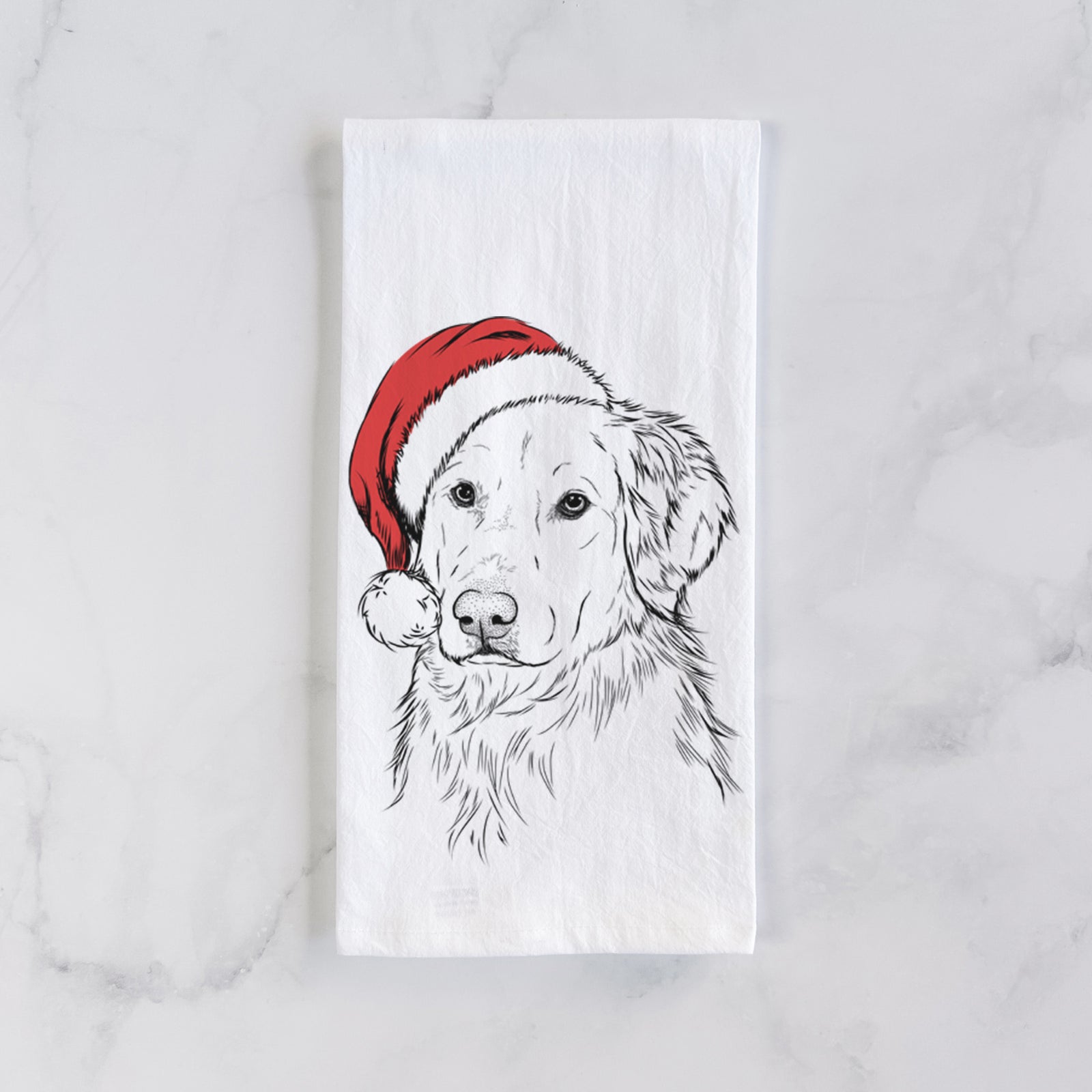 Hand-drawn sketch of Spencer the Golden Retriever wearing a Santa hat on a tea towel