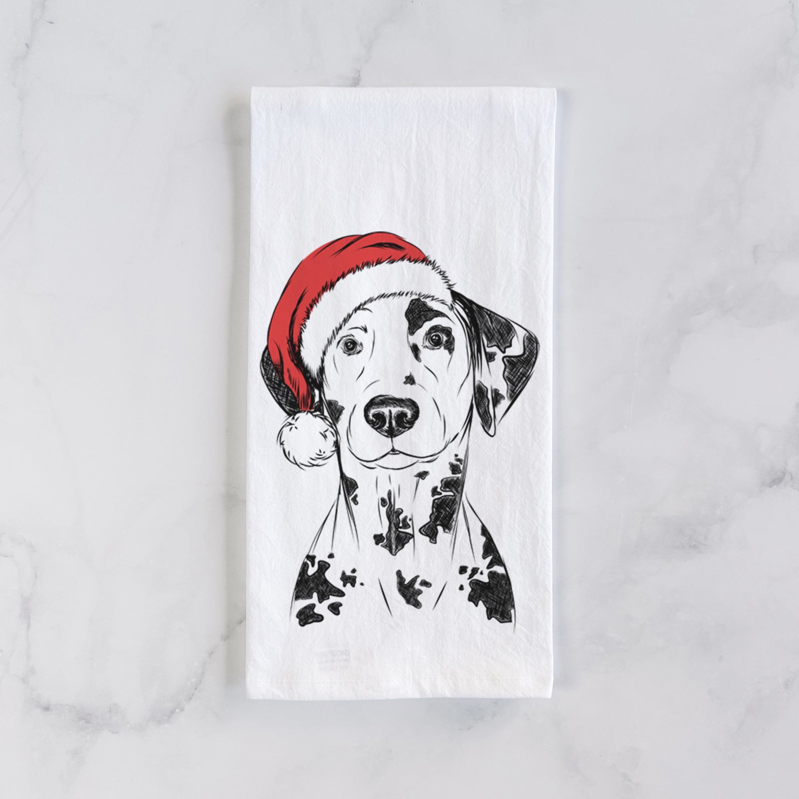 Hand-drawn sketch of Spot the Dalmatian wearing a Santa hat on a tea towel
