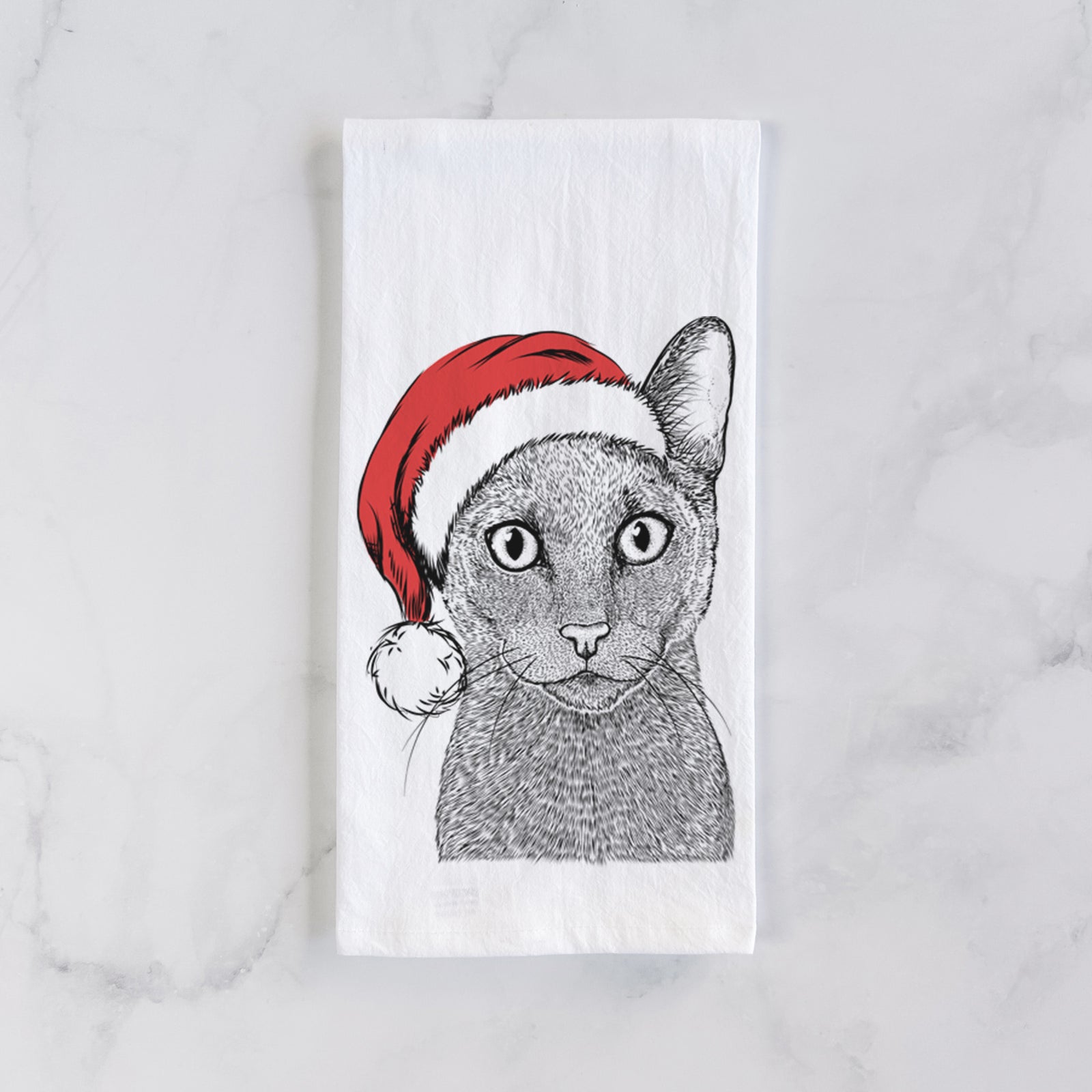 Hand-drawn sketch of Stanley the Russian Blue Cat wearing a Santa hat on a tea towel