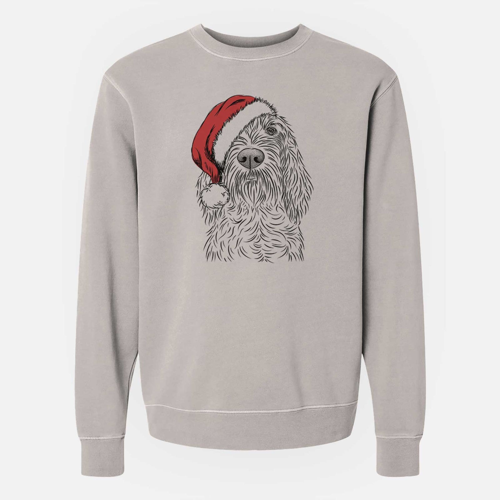 Hand-drawn sketch of Stefano the Spinone Italiano wearing a Santa hat on a Cement Unisex pigment dyed crew sweatshirt