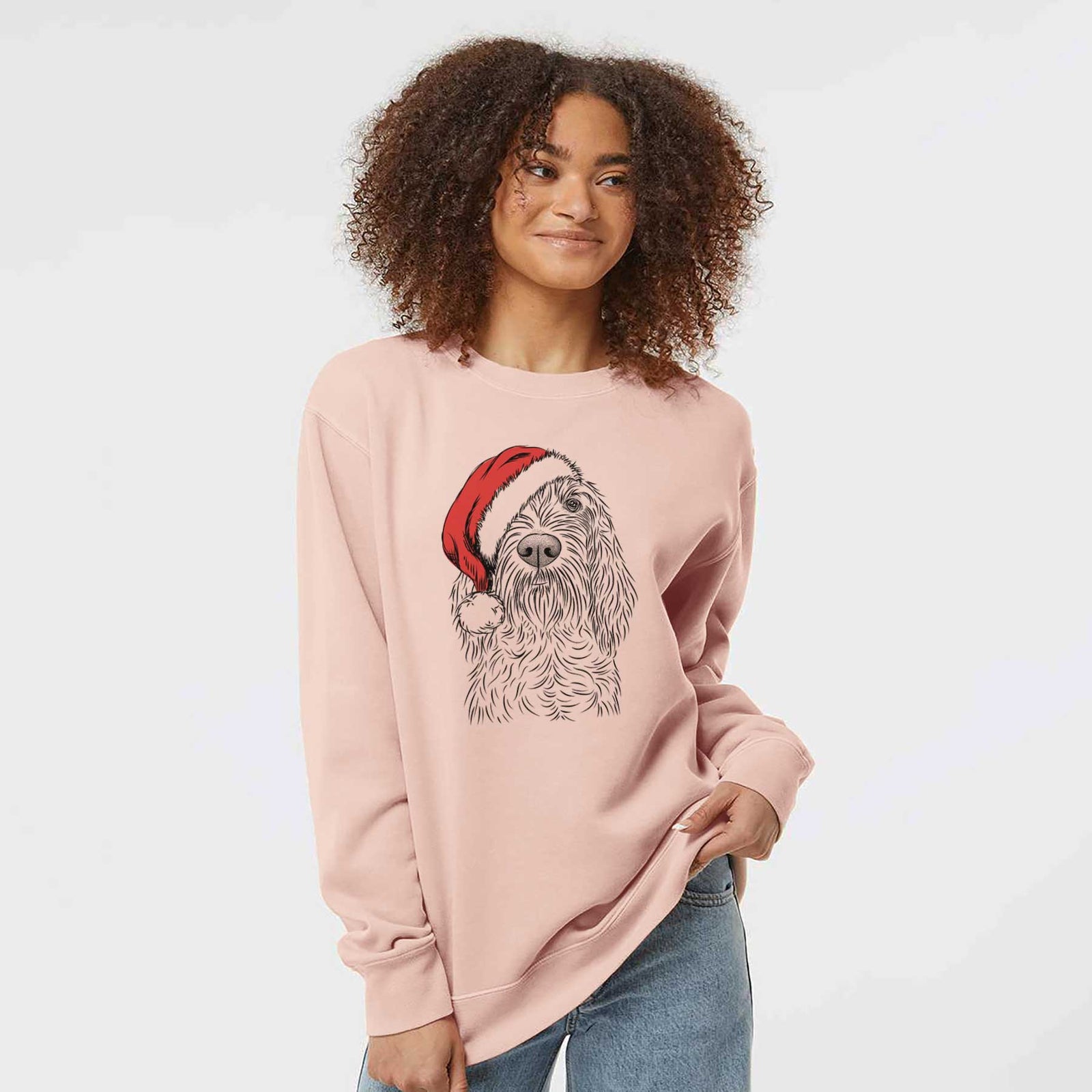 Hand-drawn sketch of Stefano the Spinone Italiano wearing a Santa hat on a Dusty Pink Unisex pigment dyed crew sweatshirt
