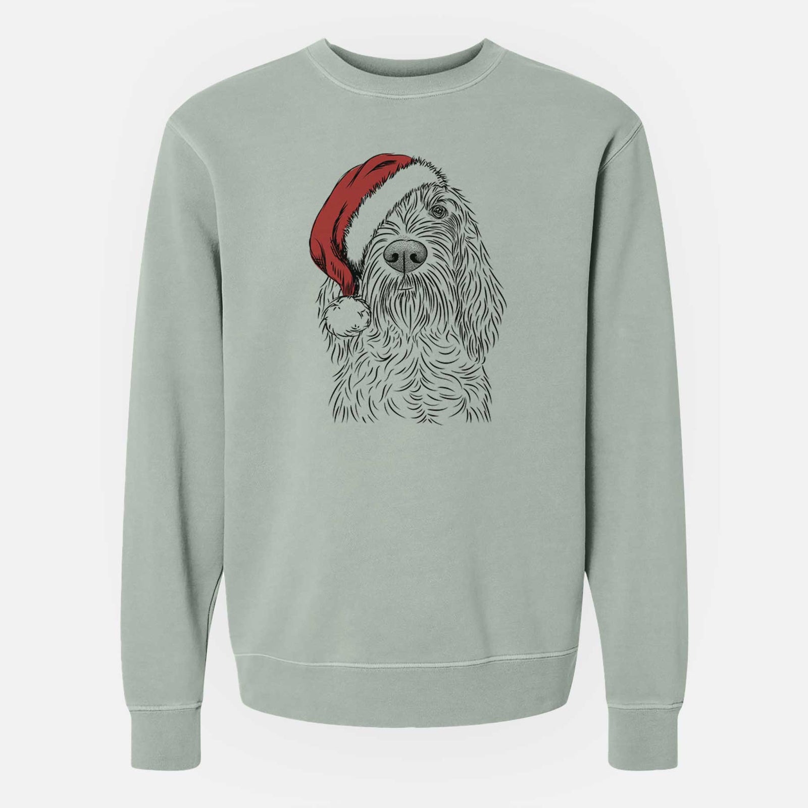 Hand-drawn sketch of Stefano the Spinone Italiano wearing a Santa hat on a Sage Unisex pigment dyed crew sweatshirt