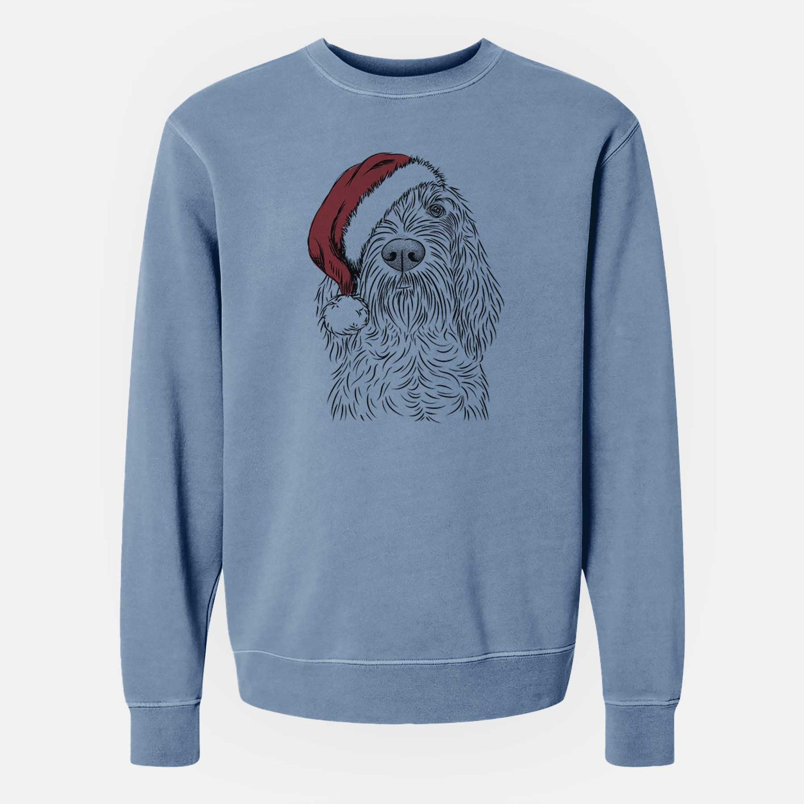 Hand-drawn sketch of Stefano the Spinone Italiano wearing a Santa hat on a Slate Blue Unisex pigment dyed crew sweatshirt