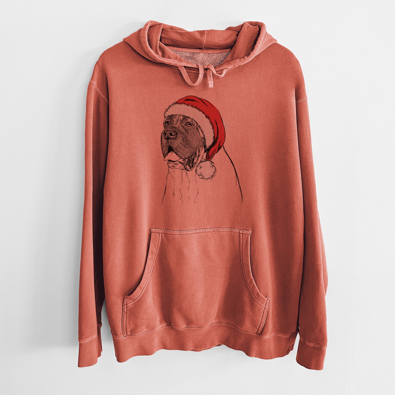 Hand-drawn sketch of Sterling the English Mastiff wearing a Santa hat on an Amber Unisex pigment dyed hoodie