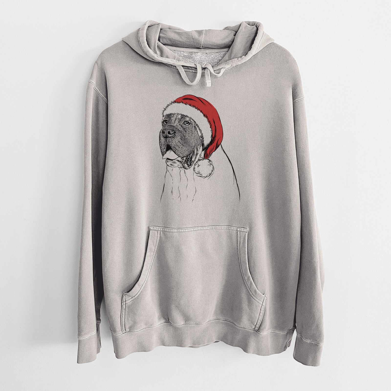 Hand-drawn sketch of Sterling the English Mastiff wearing a Santa hat on a Cement Unisex pigment dyed hoodie