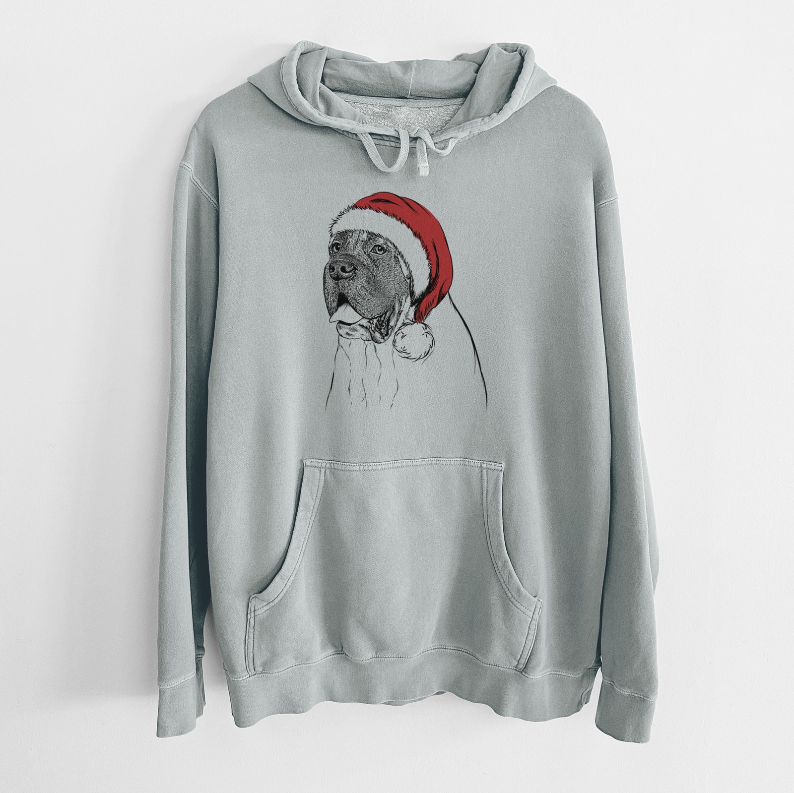 Hand-drawn sketch of Sterling the English Mastiff wearing a Santa hat on a Sage Unisex pigment dyed hoodie