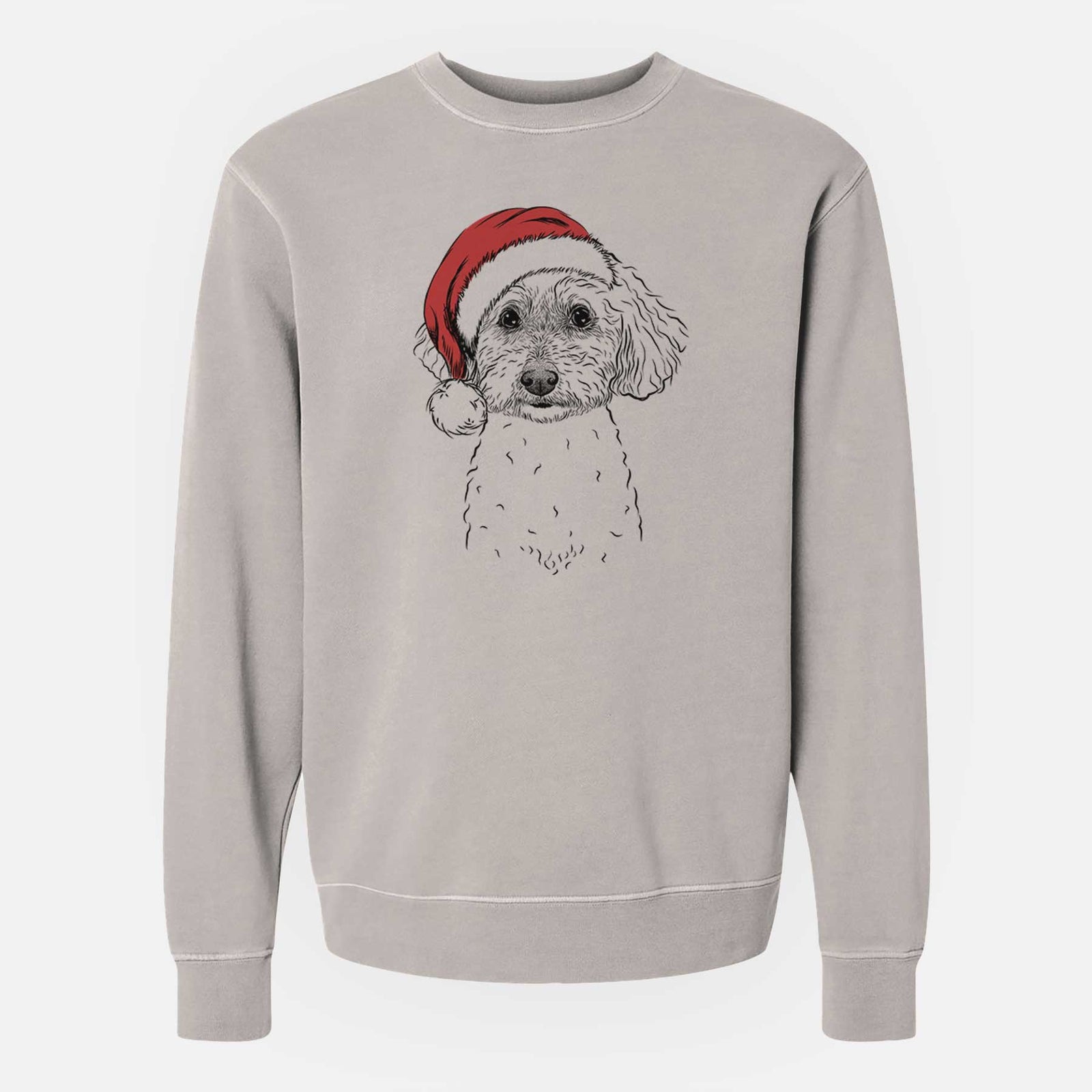 Hand-drawn sketch of Stitch the Bichonpoo wearing a Santa hat on a Cement Unisex pigment dyed crew sweatshirt